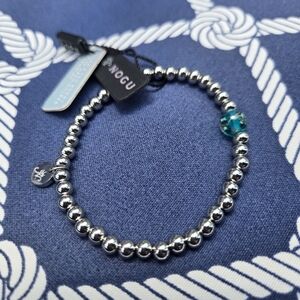 NEW! NOGU Stretch Bracelet Stainles Steel Silver Beads & Teal Blue/Green Accent